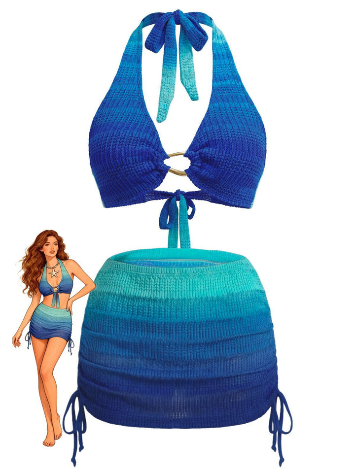 3PCS Blue 1980s Gradient Bikini Set &amp; Skirt Cover-Up - vintage skirt, retro style