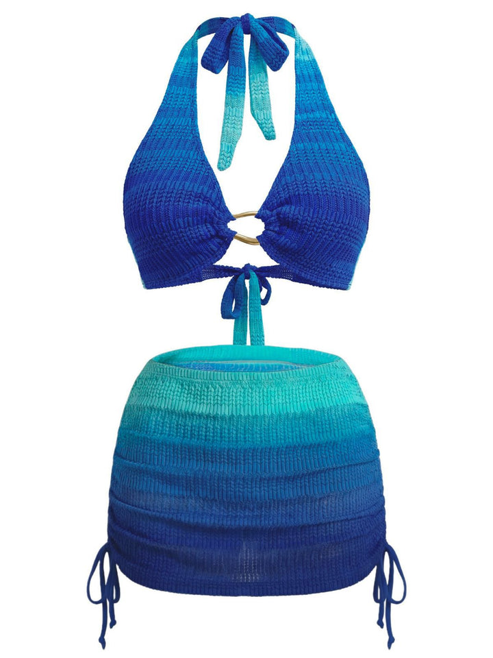 3PCS Blue 1980s Gradient Bikini Set &amp; Skirt Cover-Up - vintage skirt, retro style