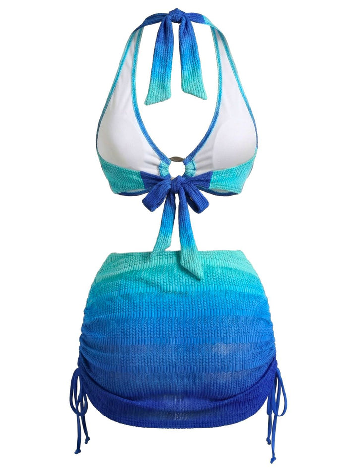3PCS Blue 1980s Gradient Bikini Set &amp; Skirt Cover-Up - vintage skirt, retro style