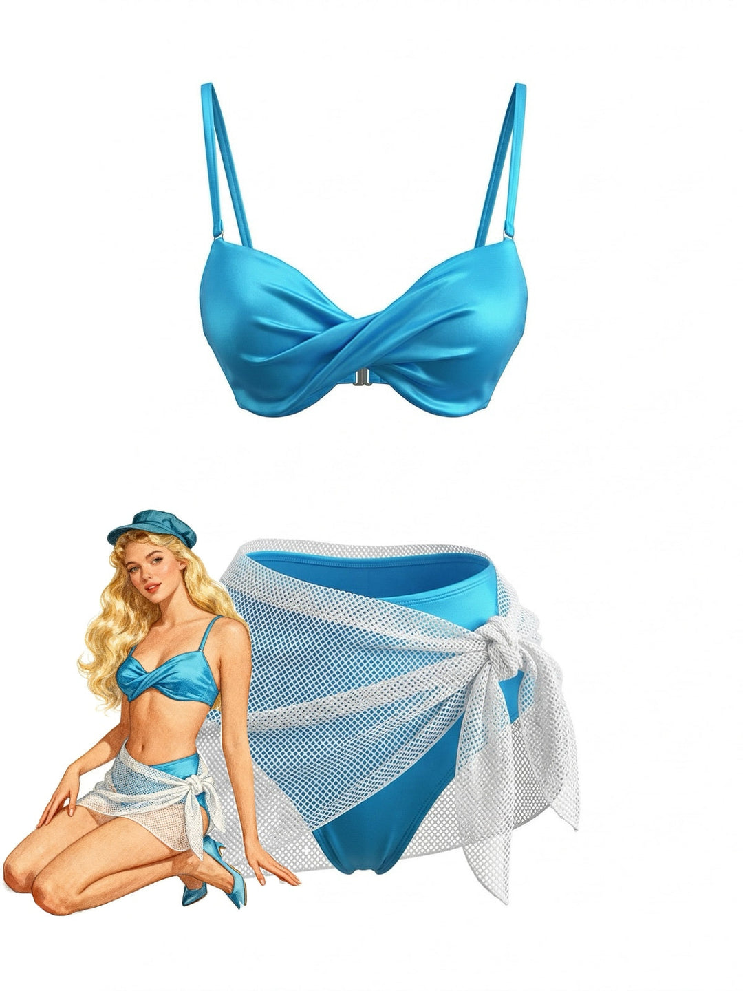 3PCS Blue Solid Shiny Satin High Waist Bikini &amp; Mesh Cover-Up - vintage swimsuit, swimwear for vintage lovers