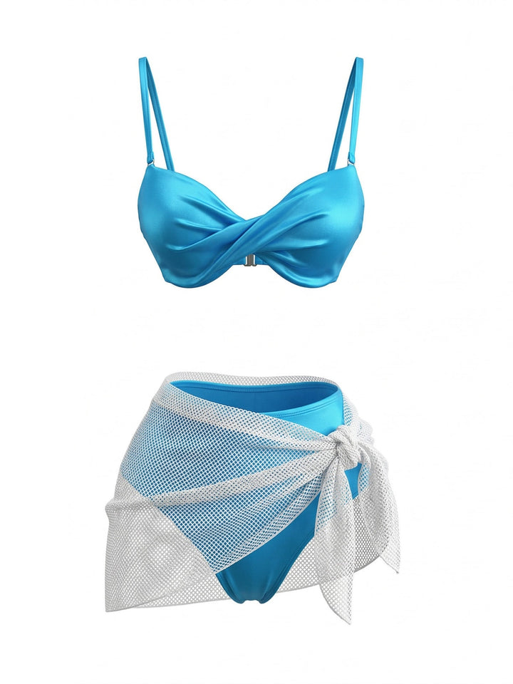 3PCS Blue Solid Shiny Satin High Waist Bikini &amp; Mesh Cover-Up - vintage swimsuit, swimwear for vintage lovers