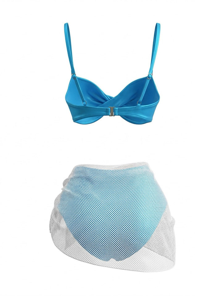 3PCS Blue Solid Shiny Satin High Waist Bikini &amp; Mesh Cover-Up - vintage swimsuit, swimwear for vintage lovers