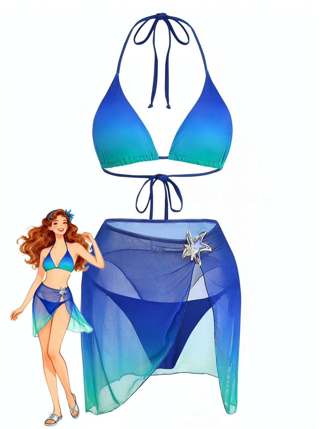 3PCS Dark Blue 2000s Gradient Triangle Bikini Set &amp; Cover-Up - vintage swimwear, retro swimsuit, pin-up style for vintage lovers