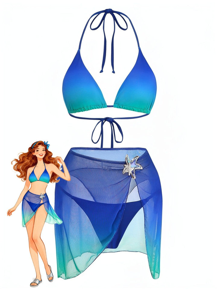 3PCS Dark Blue 2000s Gradient Triangle Bikini Set &amp; Cover-Up - vintage swimwear, retro swimsuit, pin-up style for vintage lovers