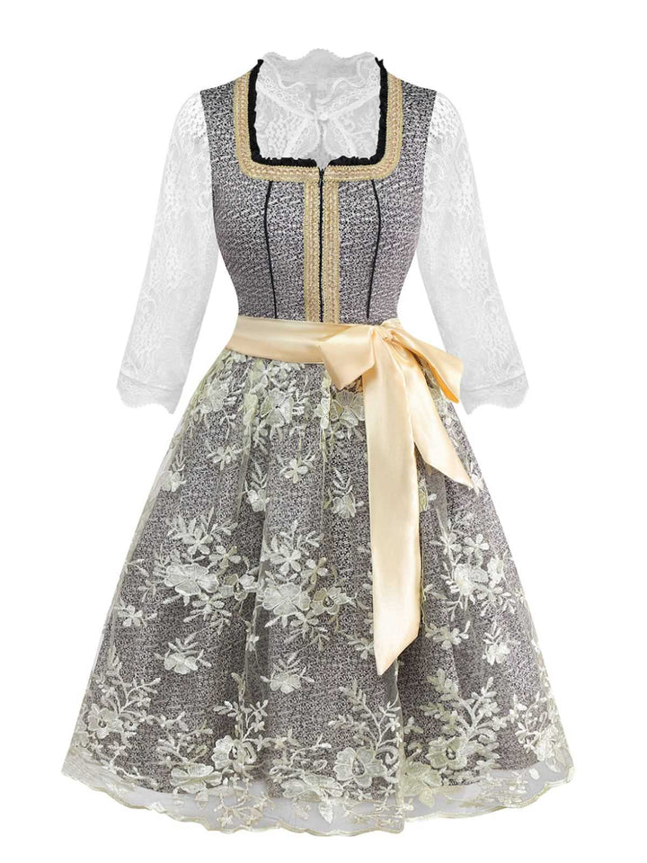 3PCS Gold 1950s Lace Top &amp; Square Neck Floral Dress - vintage dress, retro fashion, rockabilly