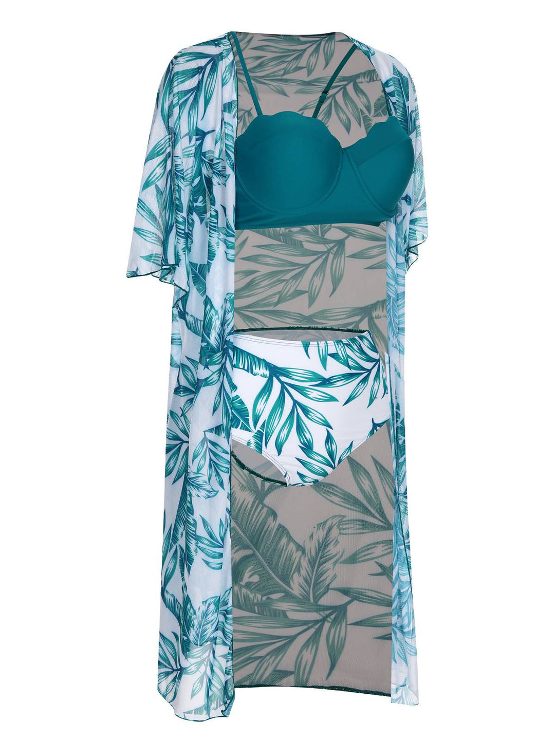3PCS Green 1950s Ceramics Plant Prints Swimsuit &amp; Cover-Up, vintage swimsuit, pin-up swimwear - perfect for women who love vintage and retro fashion