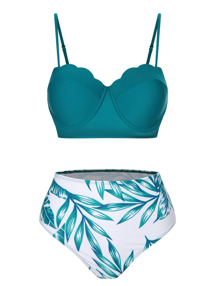 3PCS Green 1950s Ceramics Plant Prints Swimsuit &amp; Cover-Up, vintage swimsuit, pin-up swimwear - perfect for women who love vintage and retro fashion