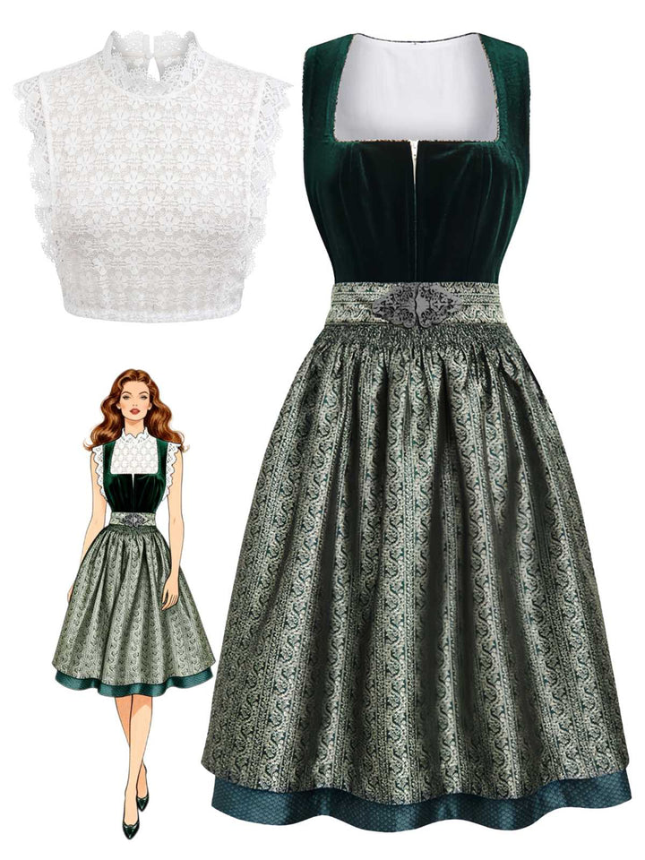 3PCS Green 1950s Square Neck Velvet Jacquard Dress &amp; Apron &amp; Lace Top, vintage dress, retro fashion, rockabilly, pin-up fashion - perfect for women who love vintage and retro fashion