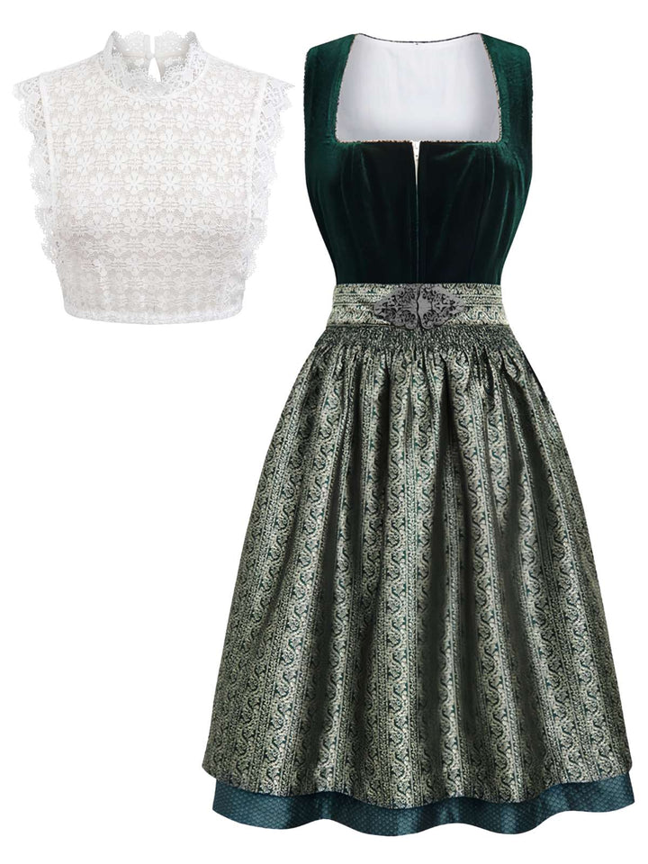 3PCS Green 1950s Square Neck Velvet Jacquard Dress &amp; Apron &amp; Lace Top, vintage dress, retro fashion, rockabilly, pin-up fashion - perfect for women who love vintage and retro fashion
