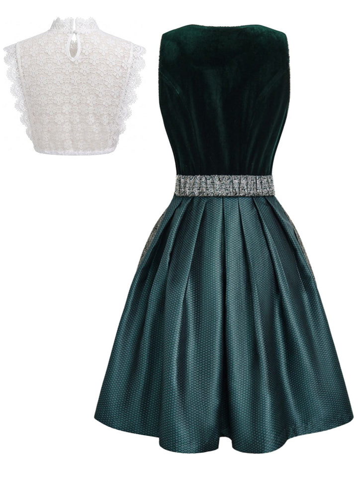 3PCS Green 1950s Square Neck Velvet Jacquard Dress &amp; Apron &amp; Lace Top, vintage dress, retro fashion, rockabilly, pin-up fashion - perfect for women who love vintage and retro fashion