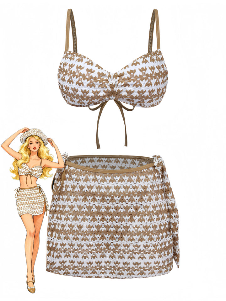 3PCS Khaki 1950s Crochet Hollow Bikini Set &amp; Cover Up - vintage swimwear, retro swimsuit, pin-up style for vintage lovers