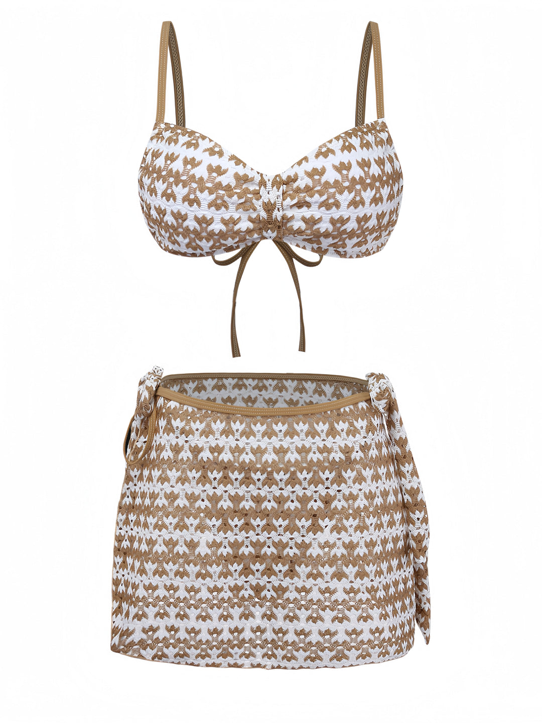 3PCS Khaki 1950s Crochet Hollow Bikini Set &amp; Cover Up: beautiful vintage swimwear, retro swimsuit, pin-up style with timeless appeal