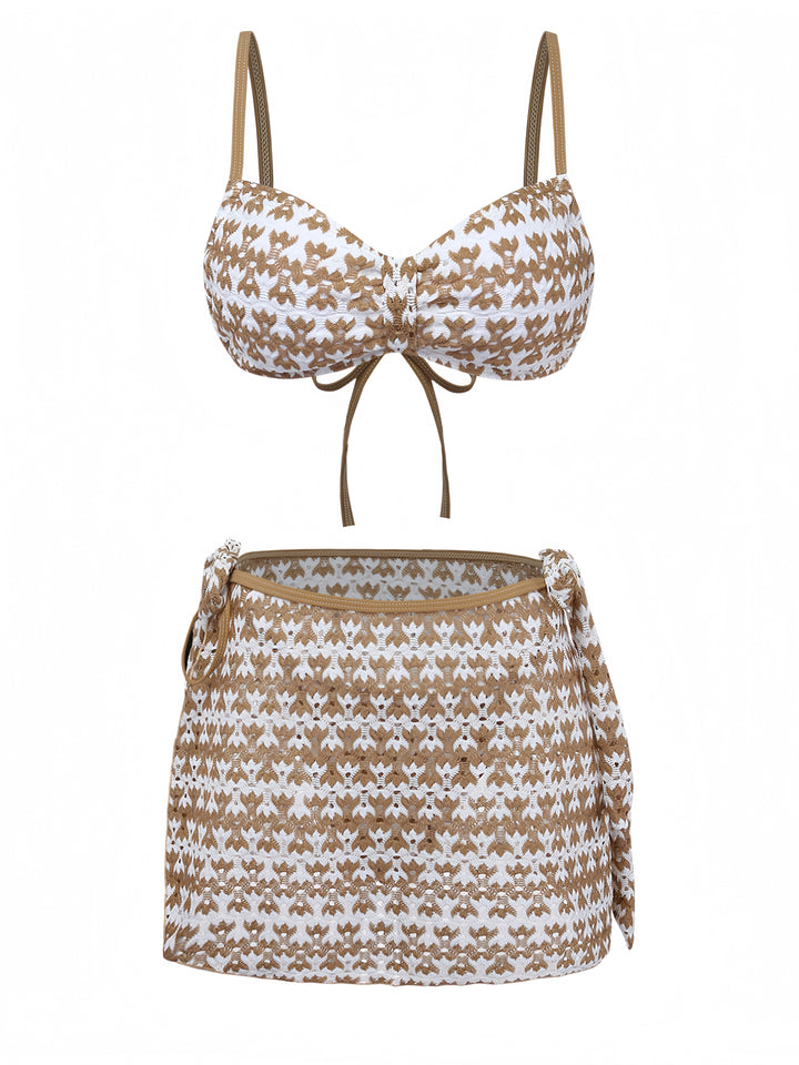3PCS Khaki 1950s Crochet Hollow Bikini Set &amp; Cover Up: beautiful vintage swimwear, retro swimsuit, pin-up style with timeless appeal