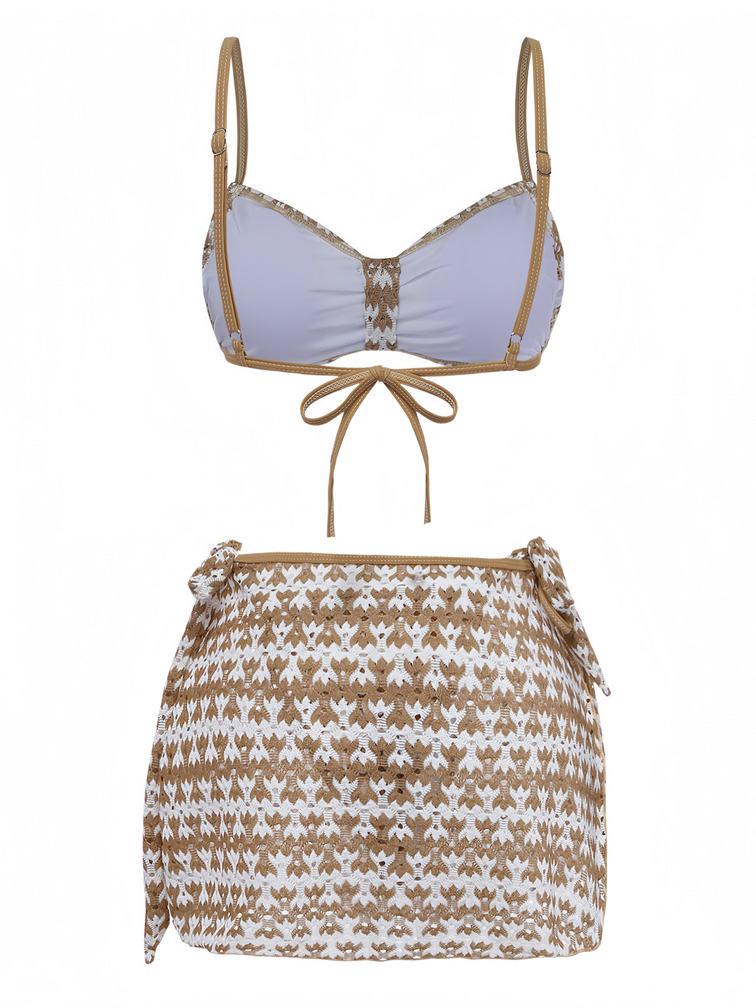 3PCS Khaki 1950s Crochet Hollow Bikini Set &amp; Cover Up | vintage swimwear, retro swimsuit, pin-up style - perfect for retro fashion enthusiasts