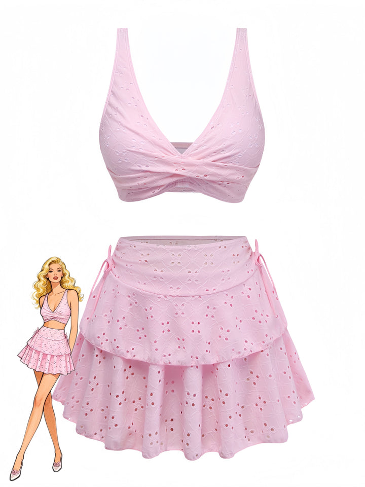 3PCS Pink 1940s Eyelet Bikini Set &amp; Ruffled Skirt - vintage skirt, retro style