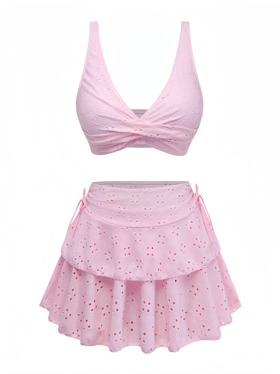 3PCS Pink 1940s Eyelet Bikini Set &amp; Ruffled Skirt - vintage skirt, retro style