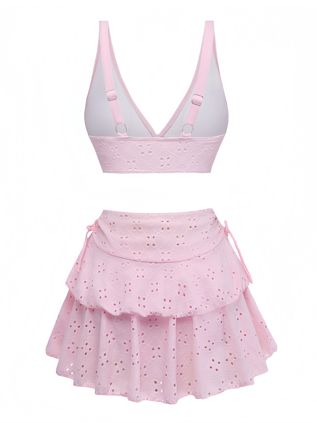 3PCS Pink 1940s Eyelet Bikini Set &amp; Ruffled Skirt - vintage skirt, retro style