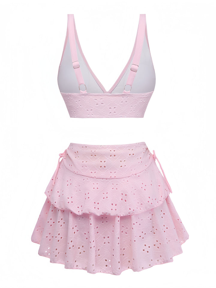 3PCS Pink 1940s Eyelet Bikini Set &amp; Ruffled Skirt - vintage skirt, retro style