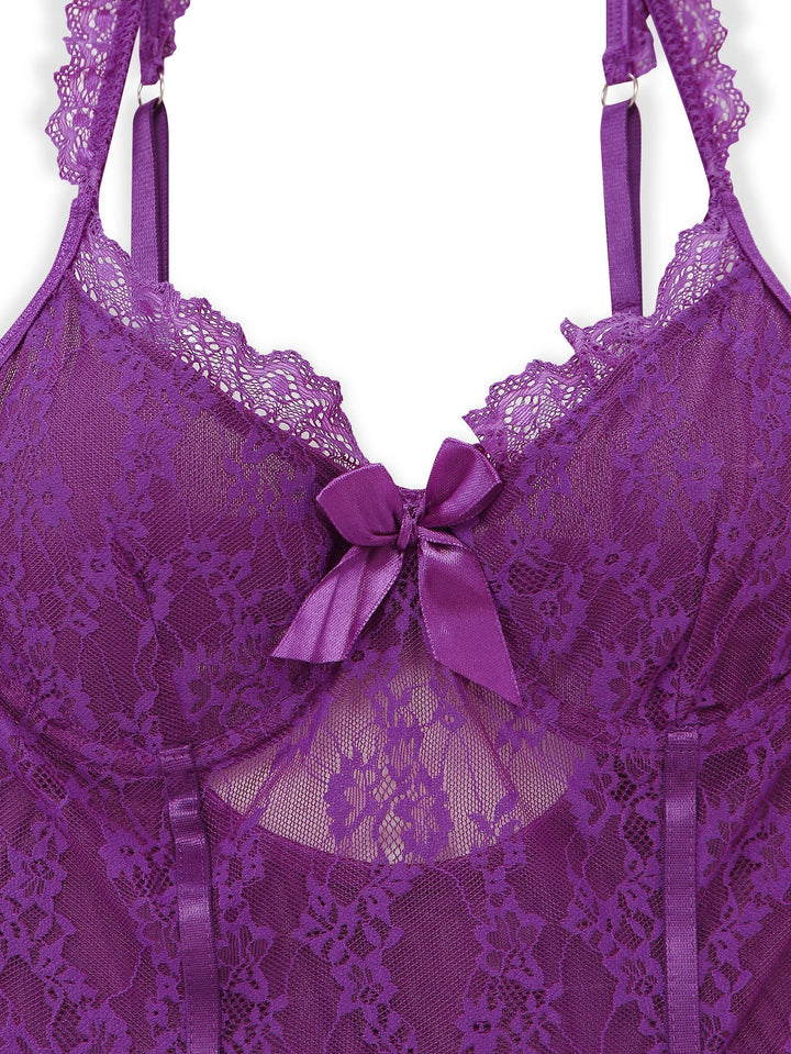 3PCS Purple Lace Lingerie Set with Stockings - vintage lingerie, retro nightgown, elegant sleepwear for vintage lovers