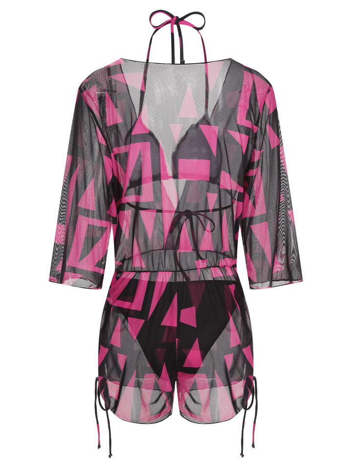 This 3PCS Rose Red 1960s Geometric Bikini Set &amp; Cover-Up carries 1960s vacation dreams in every stitch