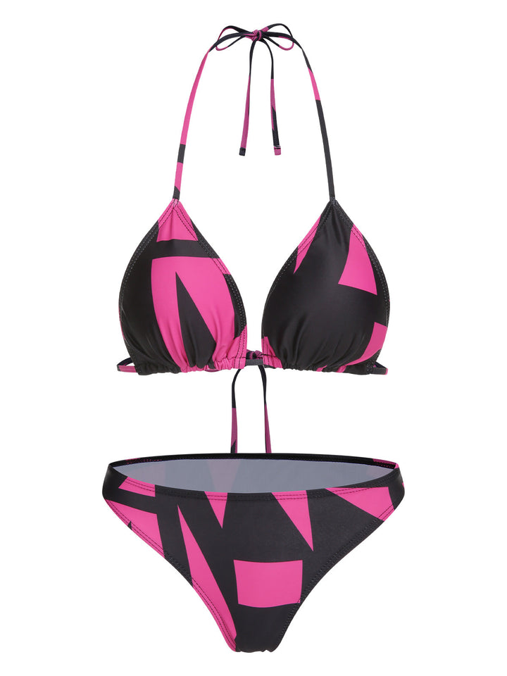 3PCS Rose Red 1960s Geometric Bikini Set &amp; Cover-Up — because 1960s glamour never goes out of style