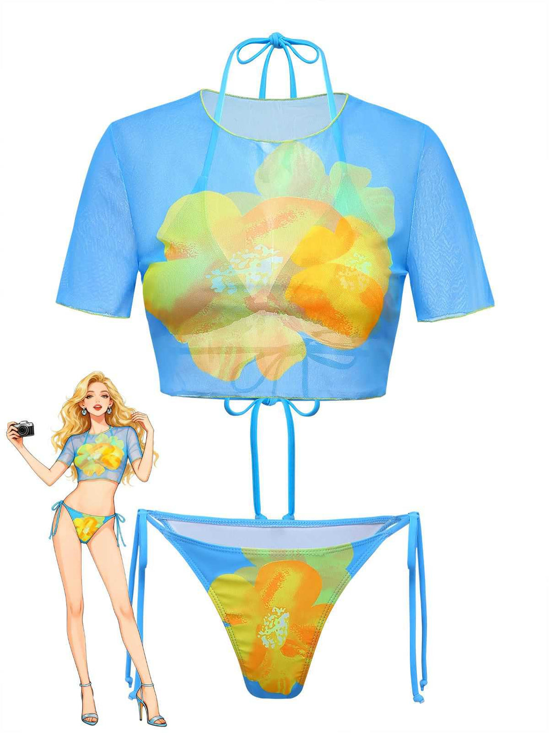 3PCS Sky Blue 1960s Floral Bikini Set &amp; Crop Top - vintage swimwear, retro swimsuit, pin-up style for vintage lovers