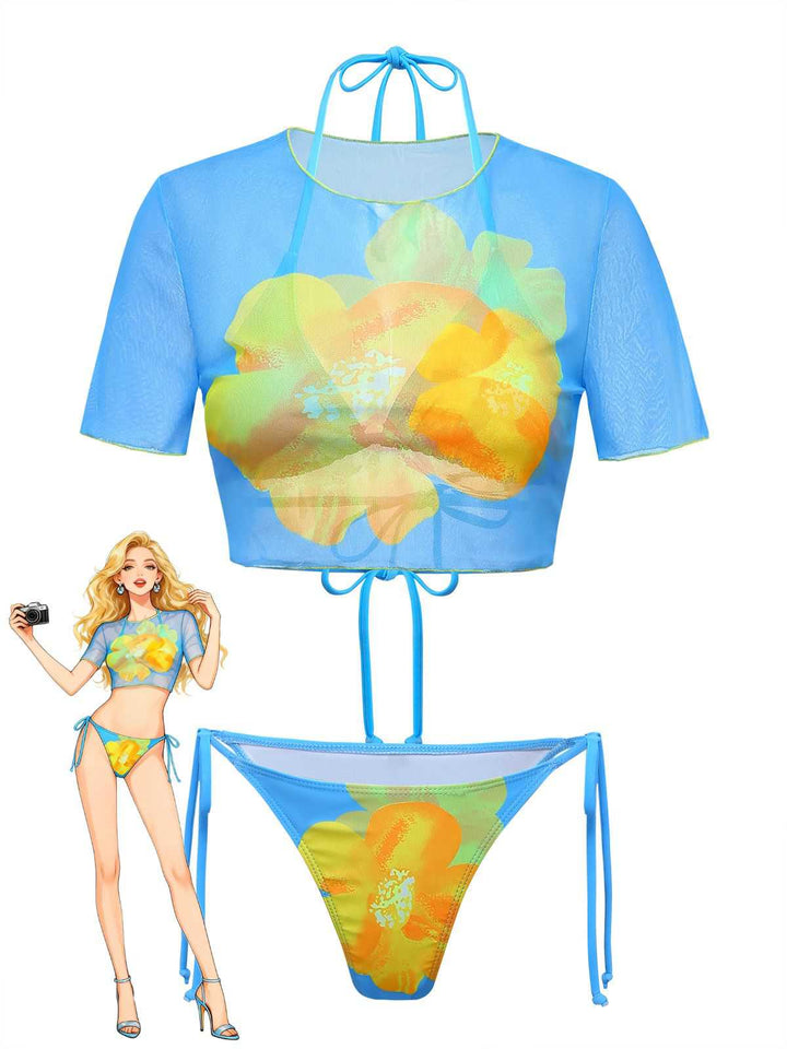 3PCS Sky Blue 1960s Floral Bikini Set &amp; Crop Top - vintage swimwear, retro swimsuit, pin-up style for vintage lovers