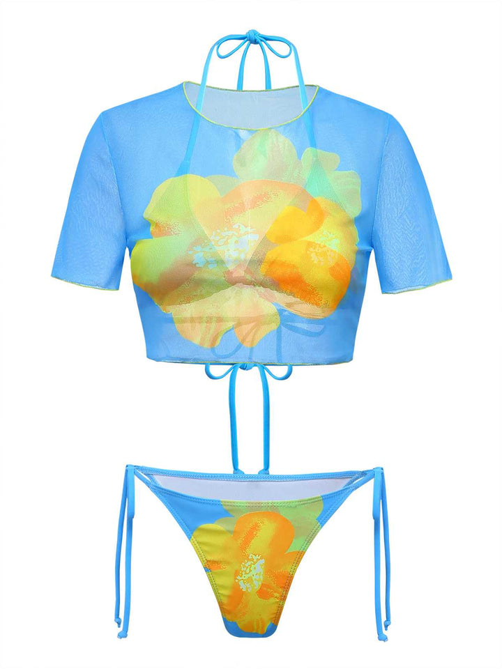 3PCS Sky Blue 1960s Floral Bikini Set &amp; Crop Top: beautiful vintage swimwear, retro swimsuit, pin-up style with timeless appeal