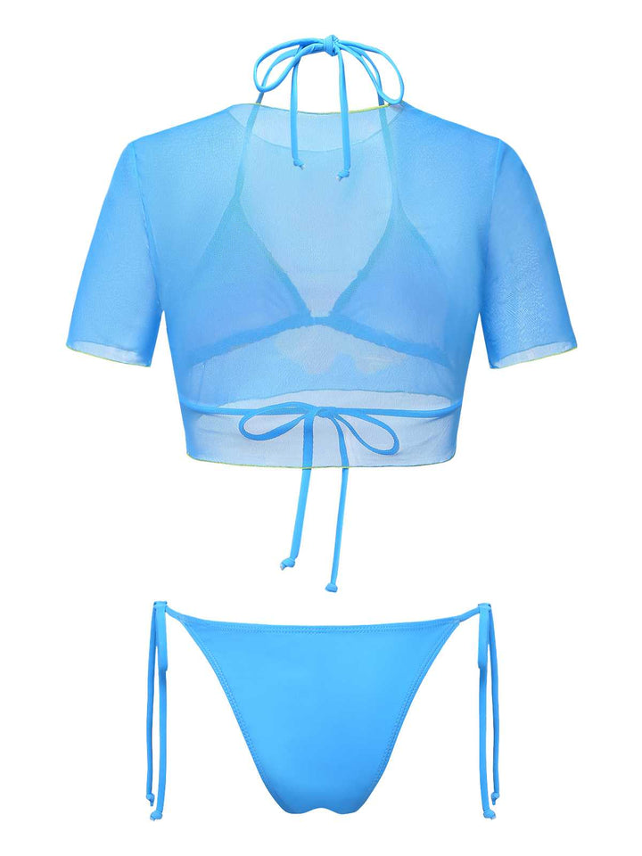 3PCS Sky Blue 1960s Floral Bikini Set &amp; Crop Top | vintage swimwear, retro swimsuit, pin-up style - perfect for retro fashion enthusiasts