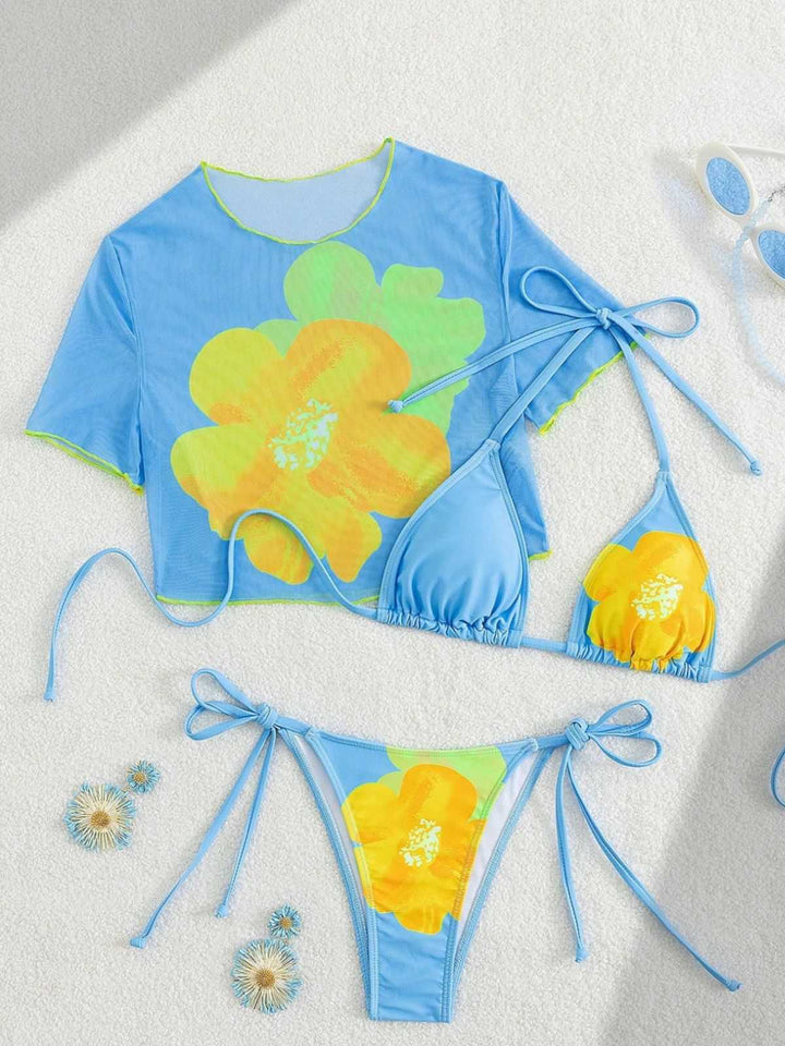 3PCS Sky Blue 1960s Floral Bikini Set &amp; Crop Top - vintage swimwear, retro swimsuit, pin-up style for vintage lovers