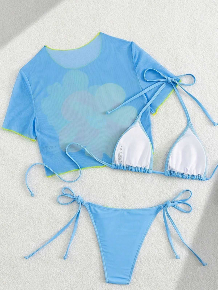 3PCS Sky Blue 1960s Floral Bikini Set &amp; Crop Top: beautiful vintage swimwear, retro swimsuit, pin-up style with timeless appeal
