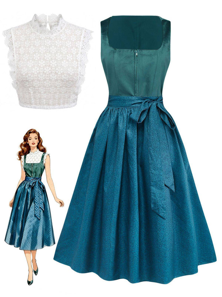 3PCS Teal 1950s Square Neck Velvet Dress &amp; Floral Apron &amp; Lace Top, vintage dress, retro fashion, rockabilly, pin-up fashion - perfect for women who love vintage and retro fashion