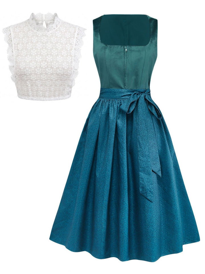 3PCS Teal 1950s Square Neck Velvet Dress &amp; Floral Apron &amp; Lace Top, vintage dress, retro fashion, rockabilly, pin-up fashion - perfect for women who love vintage and retro fashion