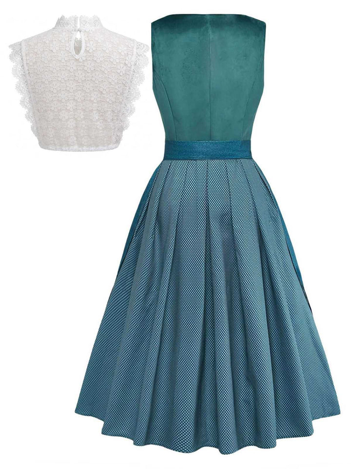 3PCS Teal 1950s Square Neck Velvet Dress &amp; Floral Apron &amp; Lace Top, vintage dress, retro fashion, rockabilly, pin-up fashion - perfect for women who love vintage and retro fashion
