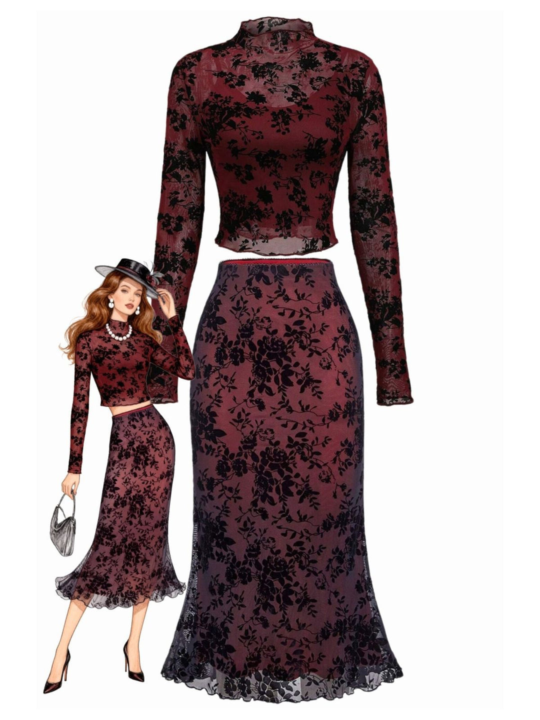 3PCS Wine Red 1930s Flocked Floral Sheer Set - vintage fashion, style, elegant red