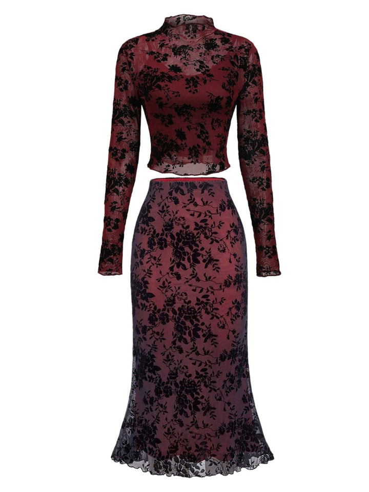 3PCS Wine Red 1930s Flocked Floral Sheer Set - vintage fashion, style, elegant red