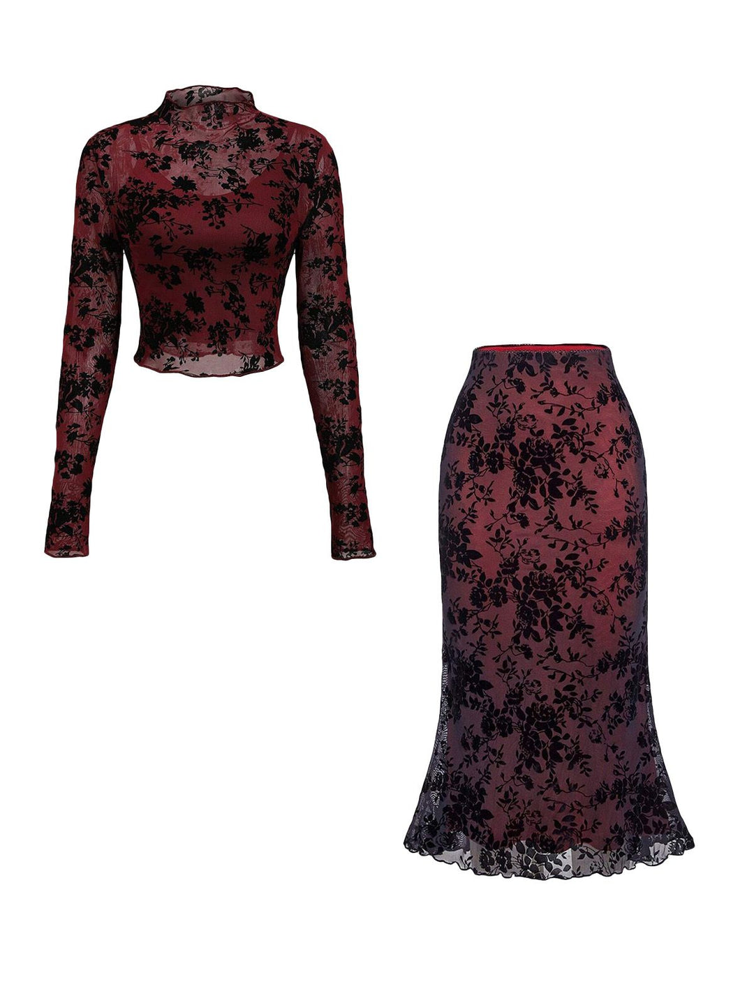 3PCS Wine Red 1930s Flocked Floral Sheer Set - vintage fashion, style, elegant red