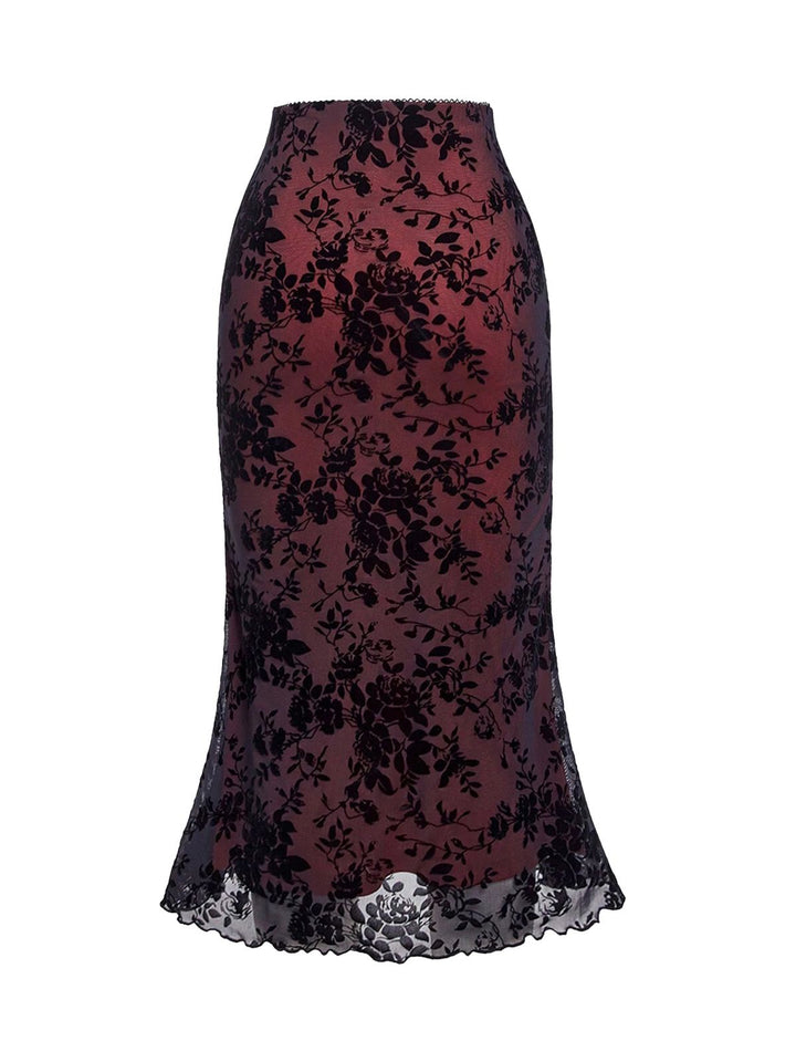 3PCS Wine Red 1930s Flocked Floral Sheer Set - vintage fashion, style, elegant red
