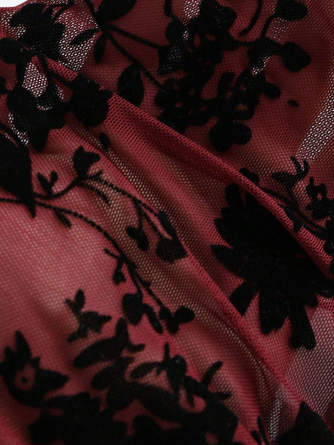 3PCS Wine Red 1930s Flocked Floral Sheer Set - vintage fashion, style, elegant red
