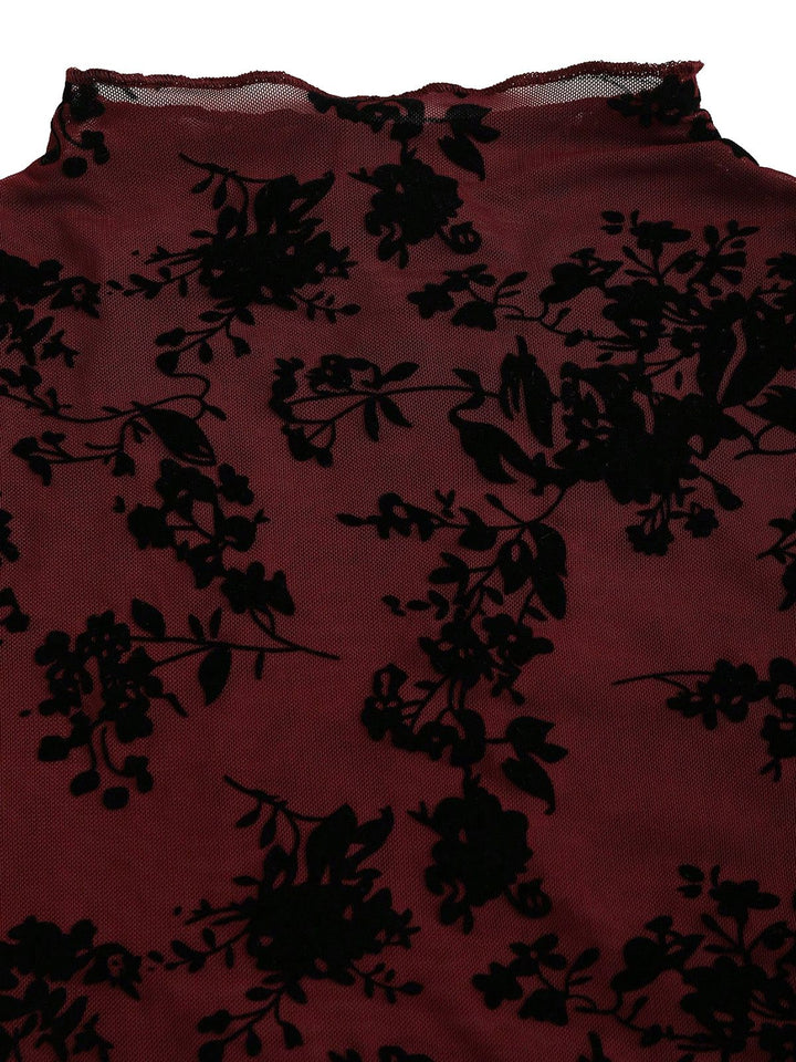 3PCS Wine Red 1930s Flocked Floral Sheer Set - vintage fashion, style, elegant red