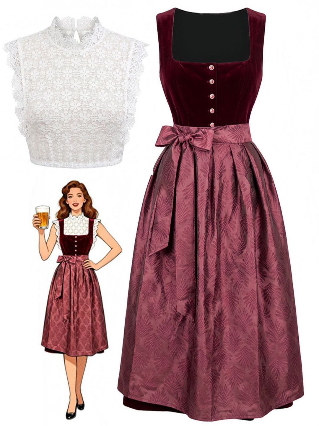 3PCS Wine Red 1950s Square Neck Velvet Dress &amp; Apron &amp; Lace Top, vintage dress, retro fashion, rockabilly, pin-up fashion - perfect for women who love vintage and retro fashion