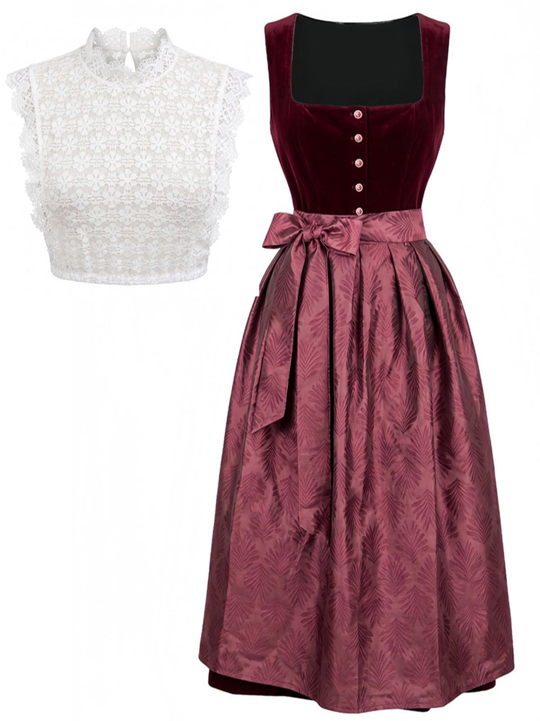 3PCS Wine Red 1950s Square Neck Velvet Dress &amp; Apron &amp; Lace Top, vintage dress, retro fashion, rockabilly, pin-up fashion - perfect for women who love vintage and retro fashion