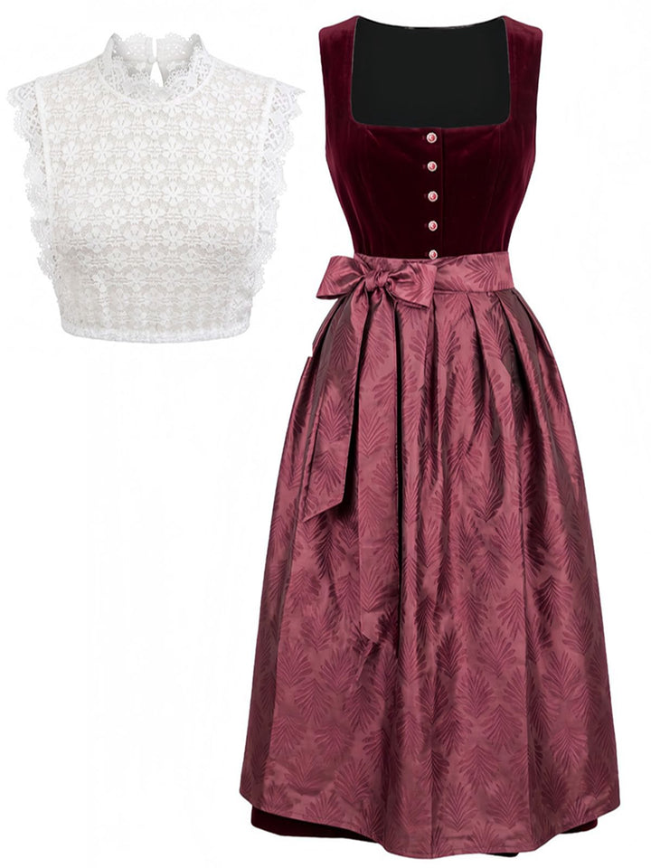 3PCS Wine Red 1950s Square Neck Velvet Dress &amp; Apron &amp; Lace Top, vintage dress, retro fashion, rockabilly, pin-up fashion - perfect for women who love vintage and retro fashion