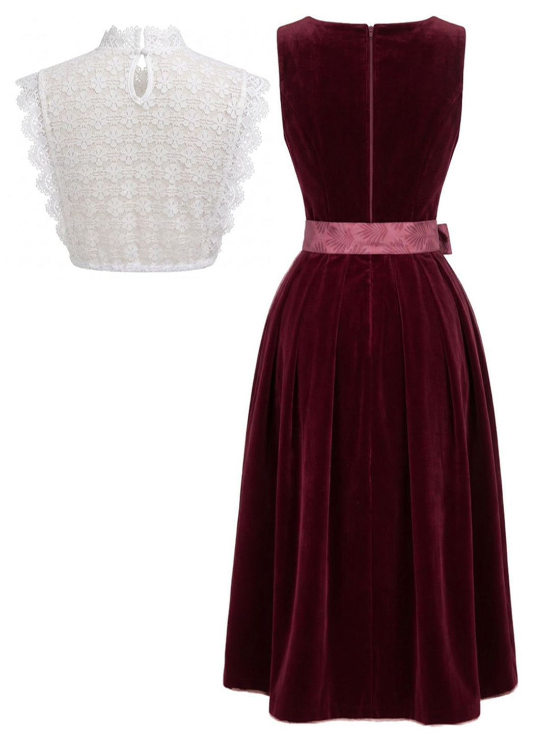 3PCS Wine Red 1950s Square Neck Velvet Dress &amp; Apron &amp; Lace Top, vintage dress, retro fashion, rockabilly, pin-up fashion - perfect for women who love vintage and retro fashion