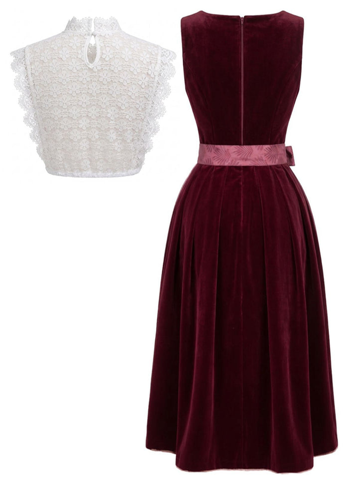 3PCS Wine Red 1950s Square Neck Velvet Dress &amp; Apron &amp; Lace Top, vintage dress, retro fashion, rockabilly, pin-up fashion - perfect for women who love vintage and retro fashion