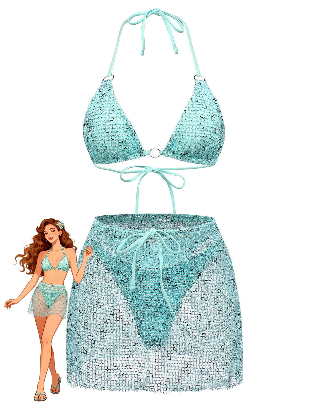 3PCS Y2K Crochet Sequin Halter Tie Triangle Bikini Set &amp; Cover-Up - vintage swimsuit, swimwear for vintage lovers