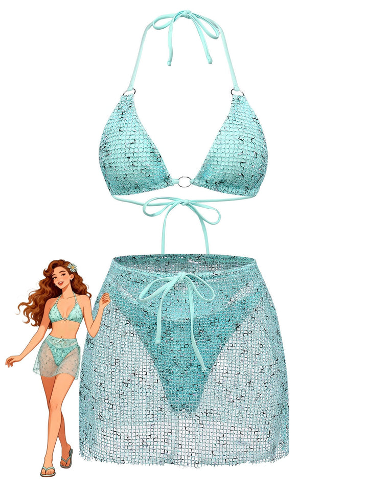 3PCS Y2K Crochet Sequin Halter Tie Triangle Bikini Set &amp; Cover-Up - vintage swimsuit, swimwear for vintage lovers