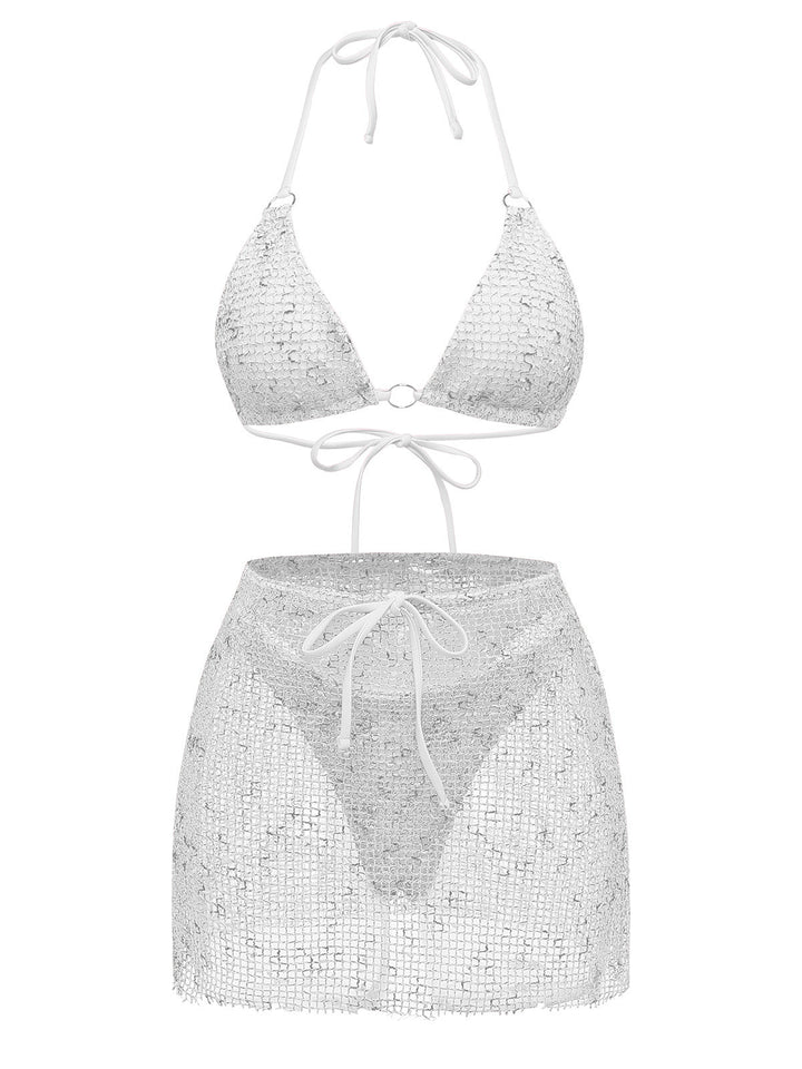 3PCS Y2K Crochet Sequin Halter Tie Triangle Bikini Set &amp; Cover-Up, vintage swimsuit, swimwear, retro beach style, women, elegant