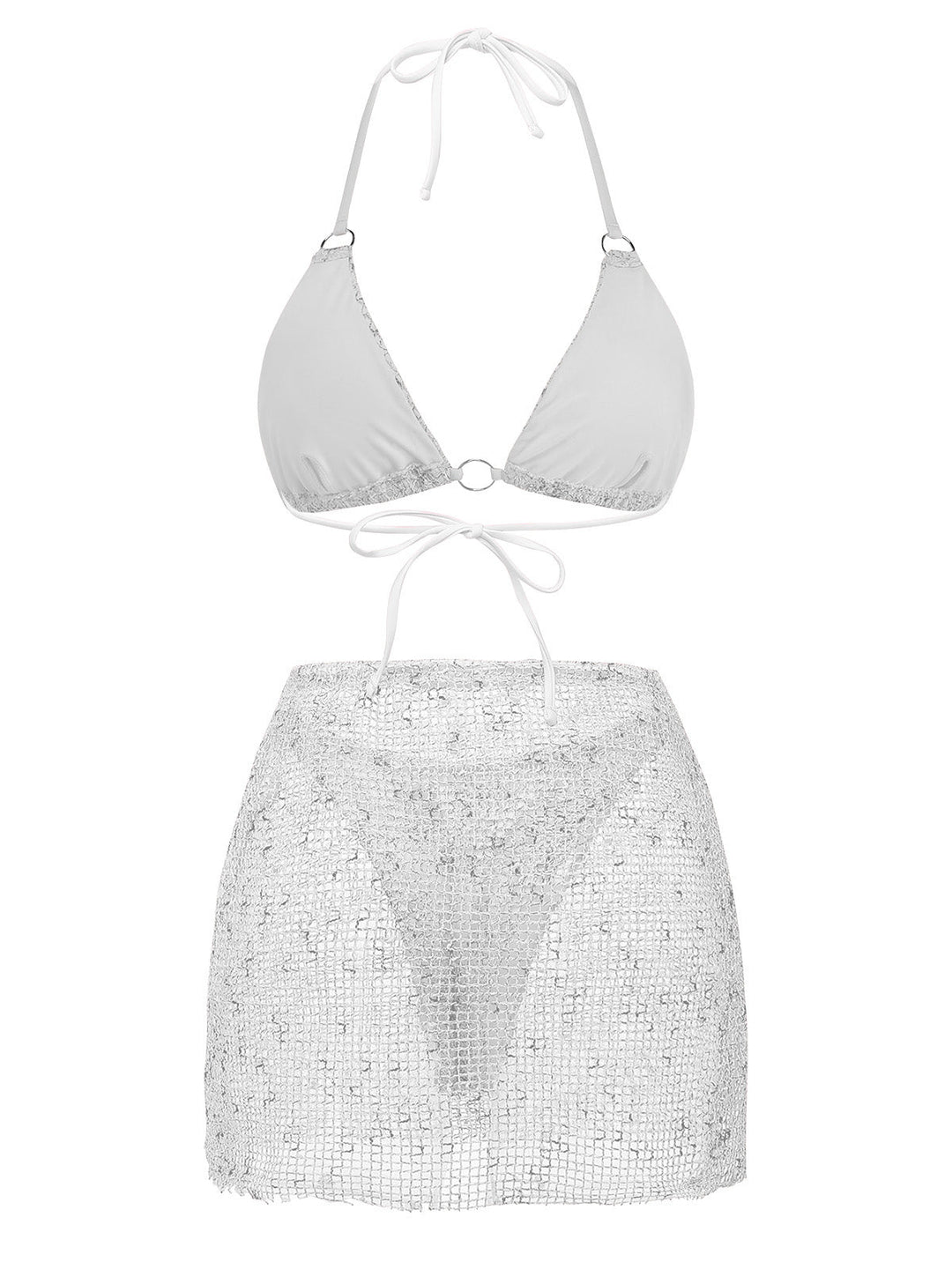 3PCS Y2K Crochet Sequin Halter Tie Triangle Bikini Set &amp; Cover-Up, vintage swimsuit, swimwear, retro beach style, women, elegant