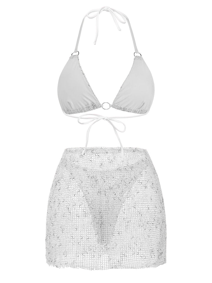 3PCS Y2K Crochet Sequin Halter Tie Triangle Bikini Set &amp; Cover-Up, vintage swimsuit, swimwear, retro beach style, women, elegant